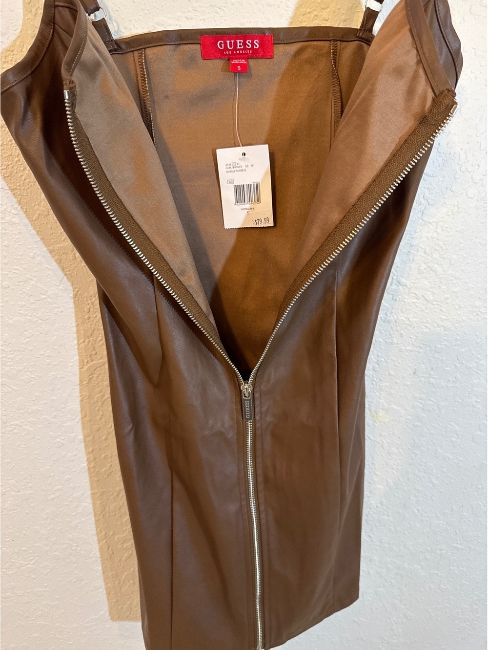 GUESS Janelle PU Faux Leather Dress Brown Weeping Pine Zip Front NWT - Picture 2 of 4
